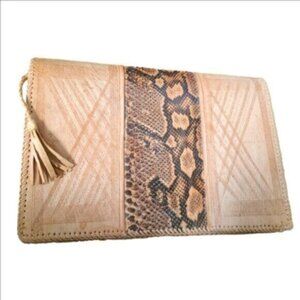 Vintage Tan Brown Snakeskin Leather Messenger Tassel Clutch Purse Document Case